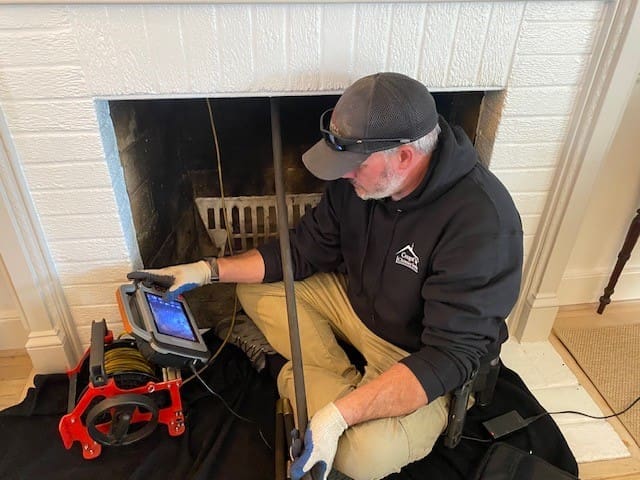 Professional performing chimney cleaning on a home in Chesterfield, VA.